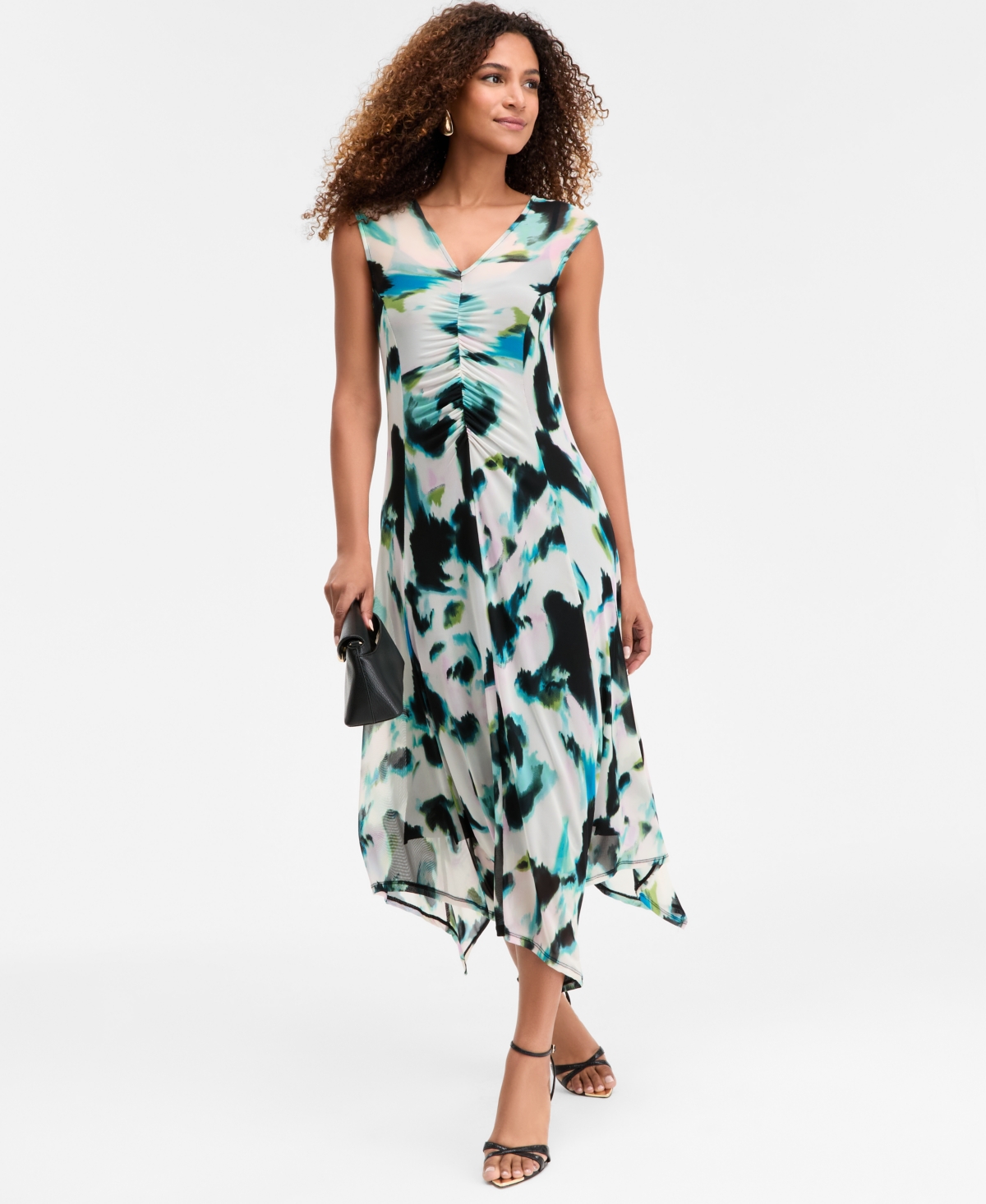 Inc International Concepts Women's Printed V-neck Ruched Dress, Macy's Exclusive In Green