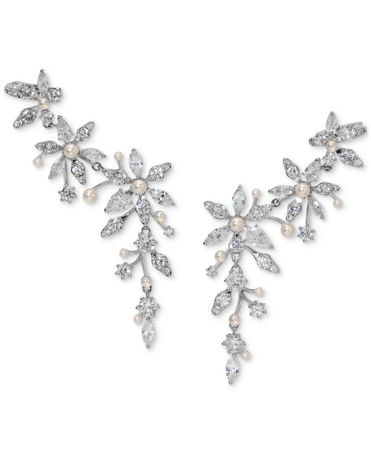 Cubic Zirconia & Imitation Pearl Flower Climber Statement Earrings, Exclusively at Macy's - Rhodium