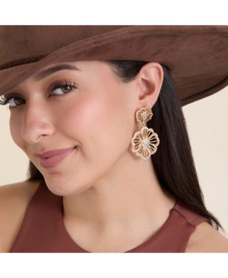 Gold-Tone Floral Drop Earrings with Pave Crystal Accents