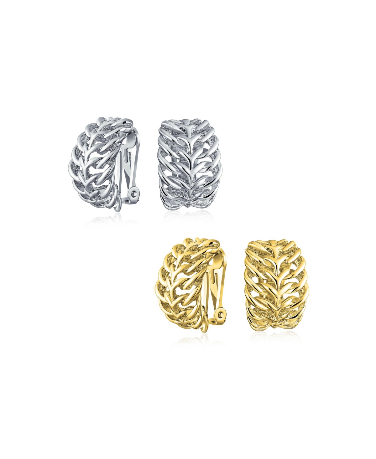 Set of 2 Open Weave Leaf Design Clip-On Earrings For Non-Pierced Gold Plated - Silver set