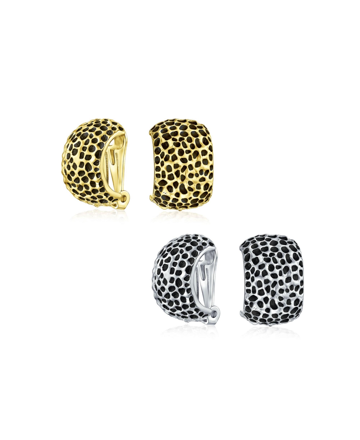 Set of 2 Fashion Speckled Hammered Leopard Clip-On Earrings Silver Gold Plated - Gold-silver