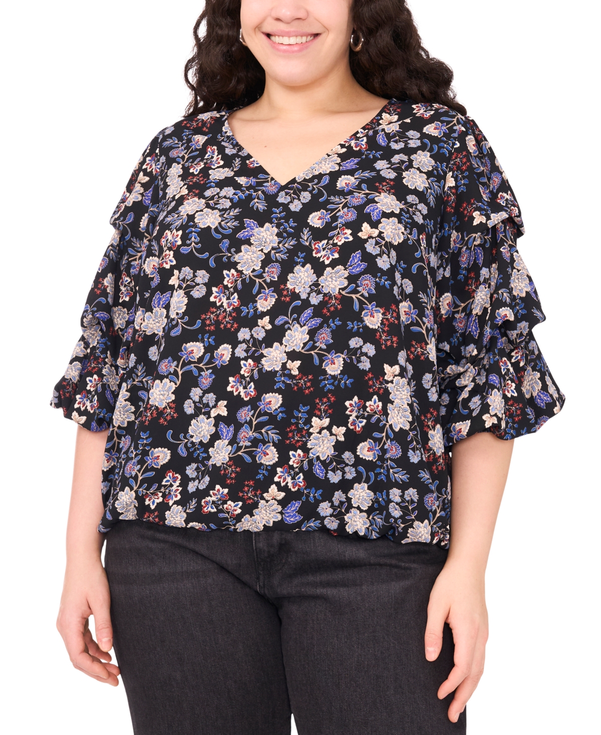 Vince Camuto Women's Plus Size Printed V-neck Bubble Sleeve Top In Blue