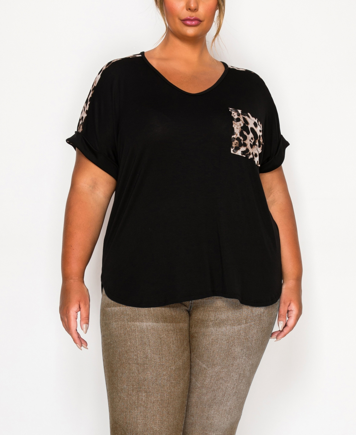 Plus Size Leopard Print Mesh Pocket Shoulder Rolled Sleeve Top - Black