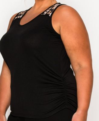 Plus Size Leopard Print Mesh Yoke Inset Side Ruched Tank Top