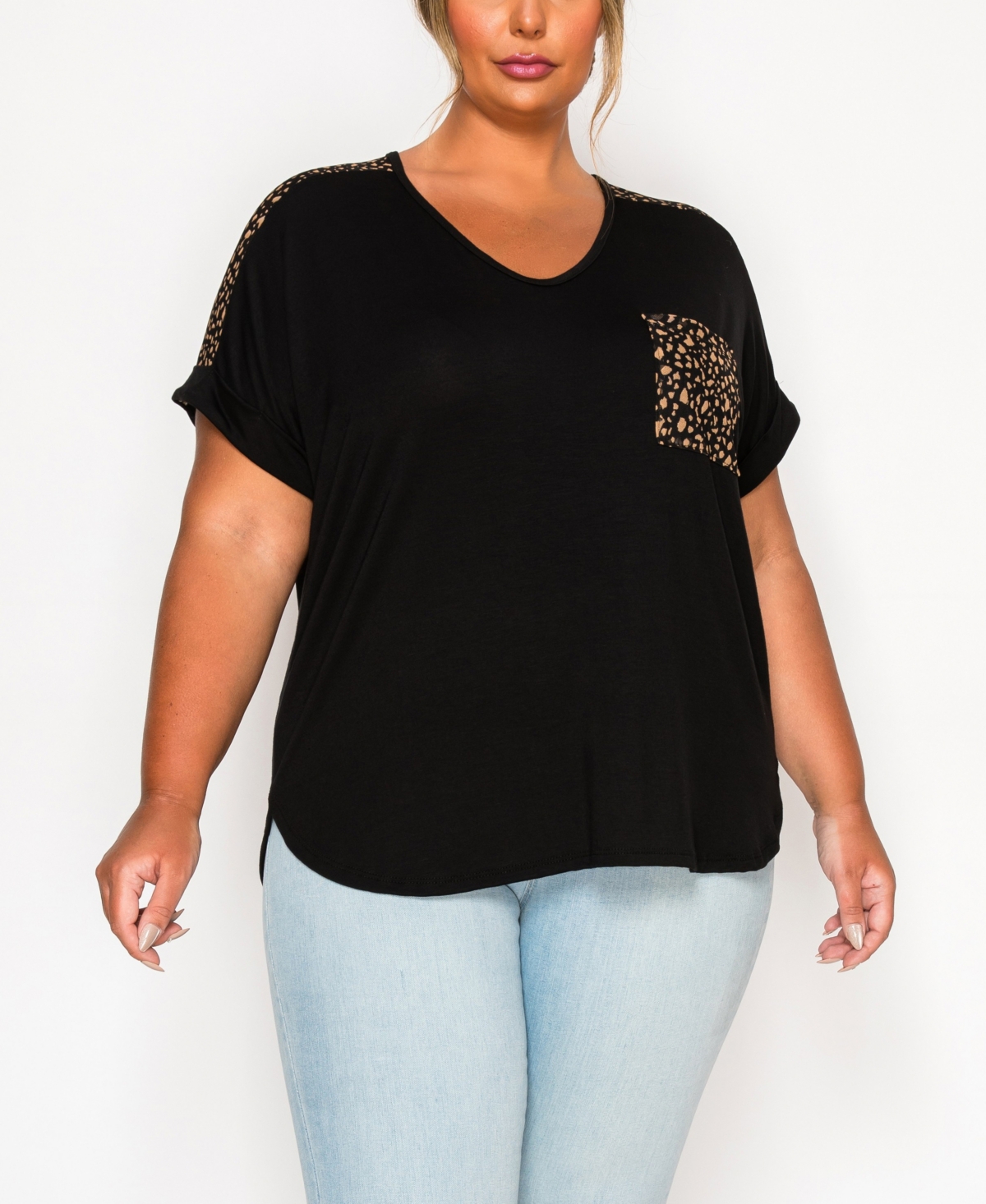 Plus Size Pebble Mesh Pocket Shoulder Rolled Sleeve Top - Black