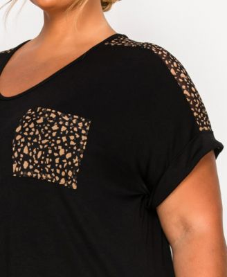 Plus Size Pebble Mesh Pocket Shoulder Rolled Sleeve Top