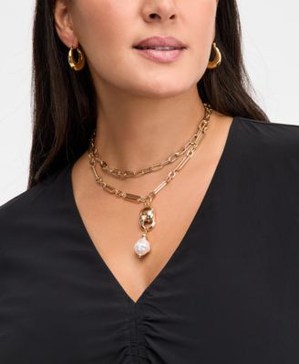 Imitation Pearl Charm Layered Lariat Necklace, 16" + 3" extender, Macy’s Exclusive