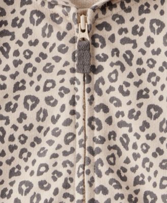 Baby Girls Cat Leopard-Print Cotton Long-Sleeve Hooded Jumpsuit