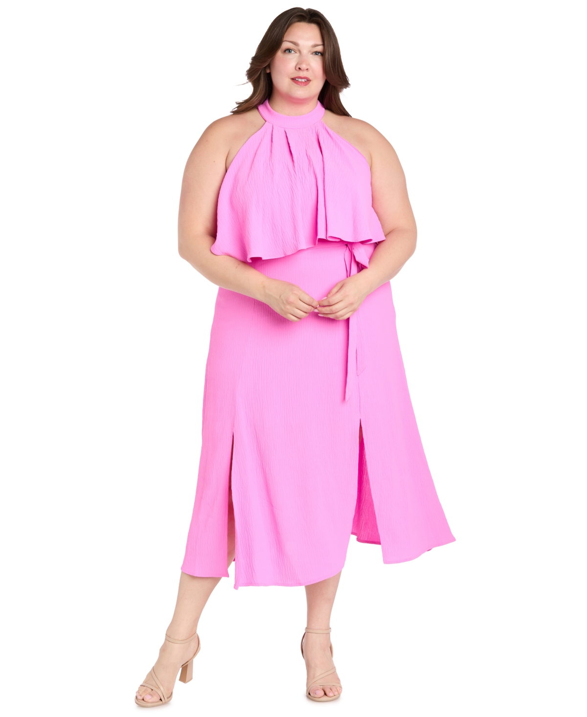 Plus Size Solid-Color Halter Dress - Pink