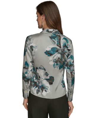 Petites Long-Sleeve Printed Shawl-Collar Blouse
