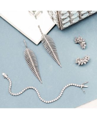 Modern Statement Large Long Linear Leaf Pave CZ Cubic Zirconia Chandelier Earrings Prom Rhodium Plated