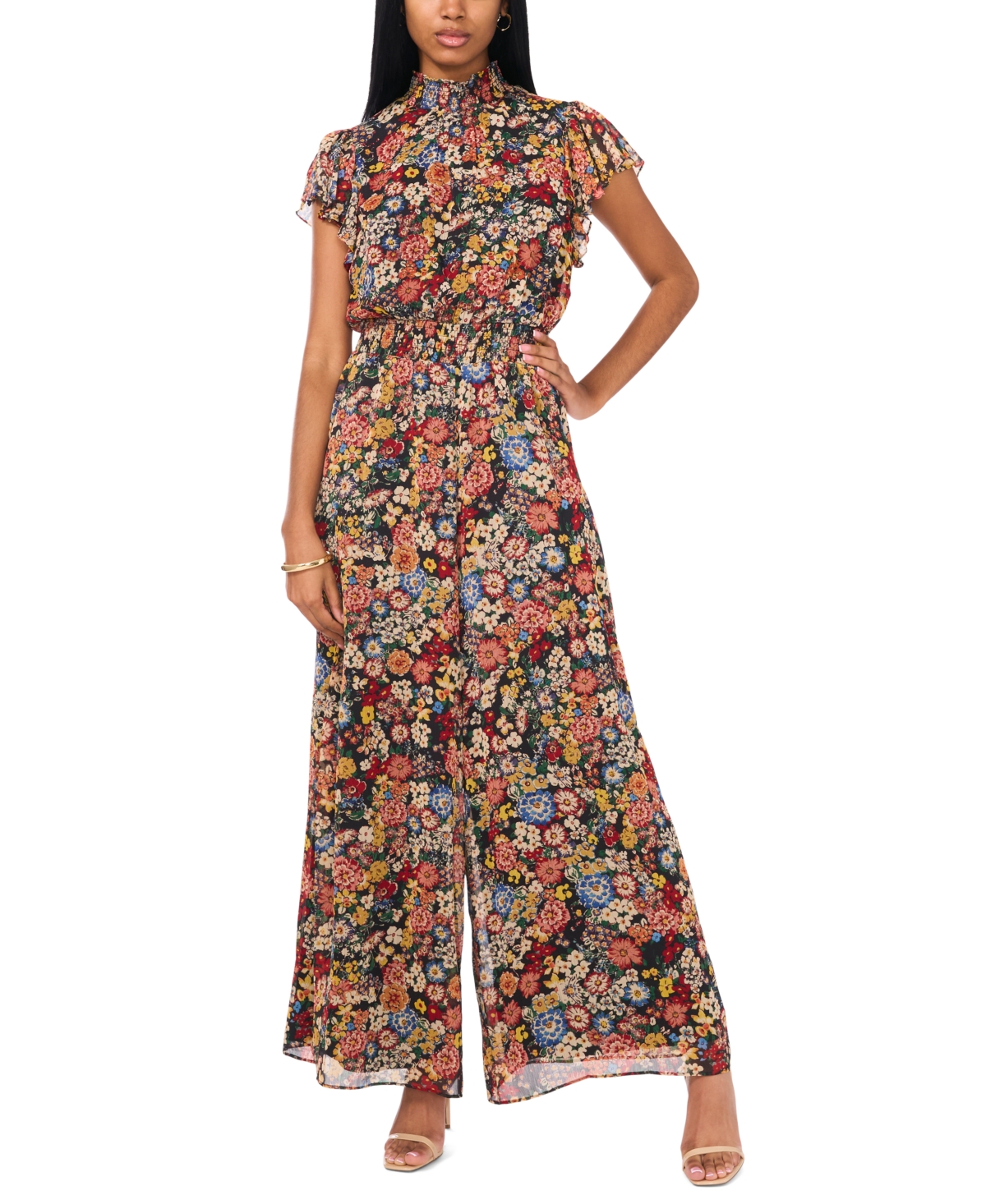 Msk Women's Flutter-sleeve Smocked-waist Jumpsuit In Multi