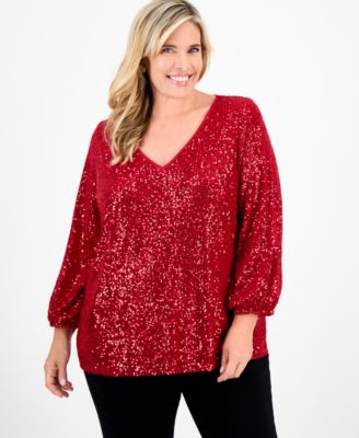 Plus Size Sequinned V-Neck 3/4-Sleeve Top, Macy's Exclusive