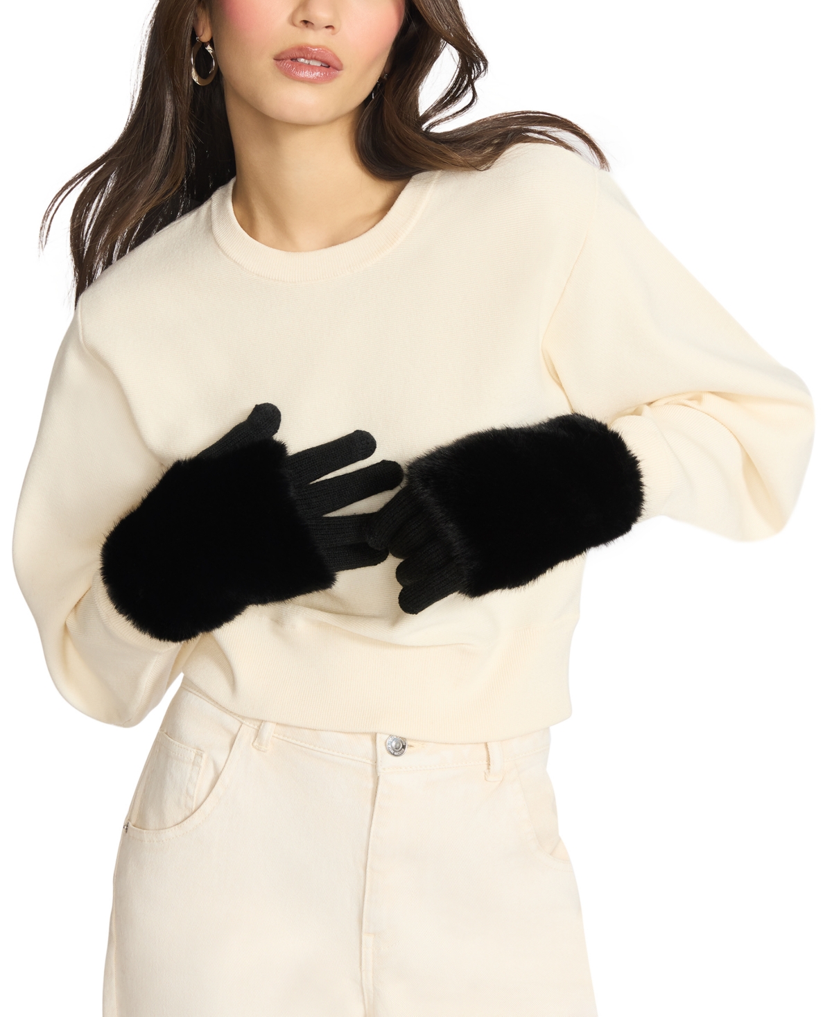Steve Madden Faux-fur-cuff Cozy Knit Gloves In Black