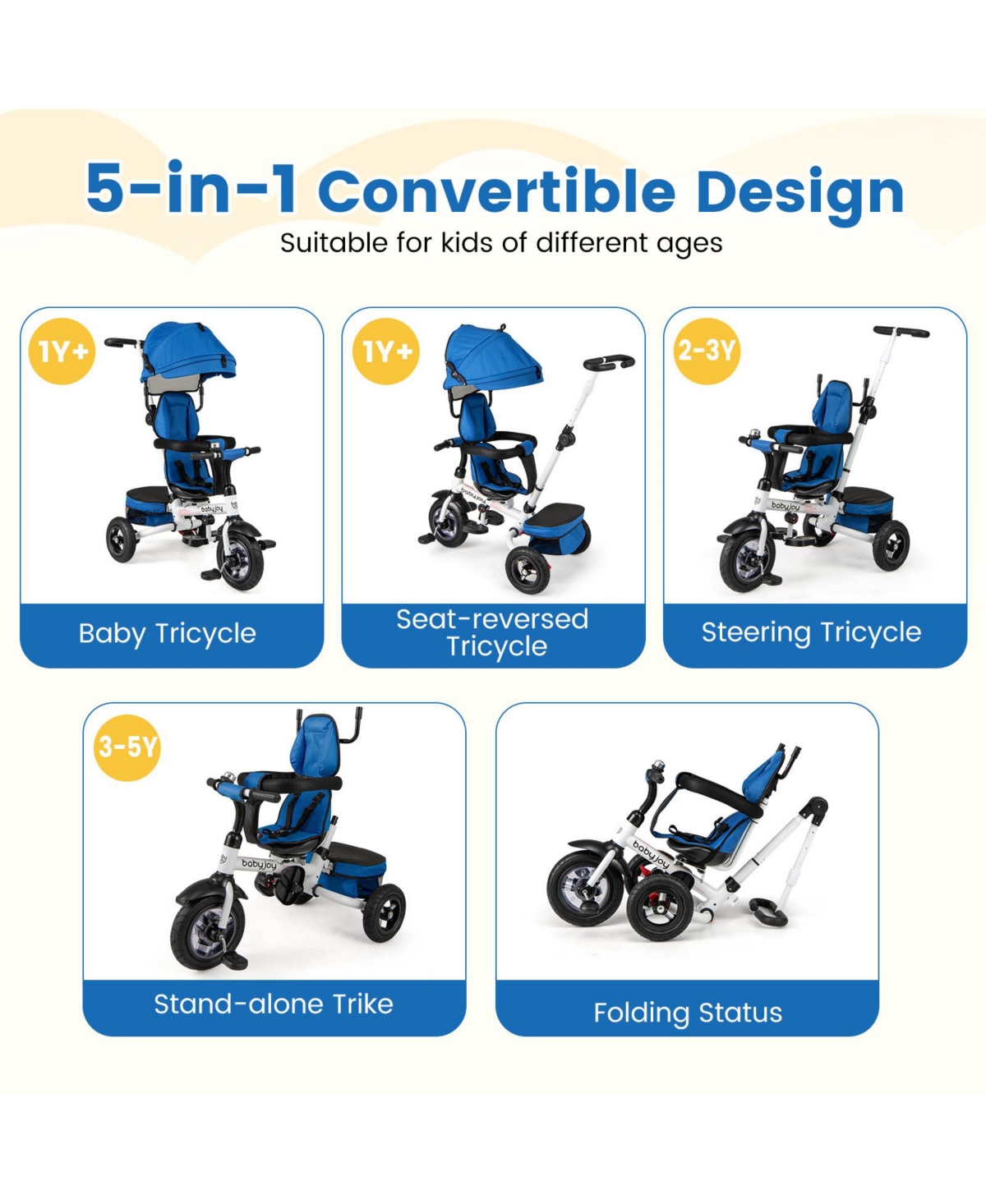 Costway Toddler 5-in-1 Folding Trike 1-5 Years Old with Safety Harness Storage