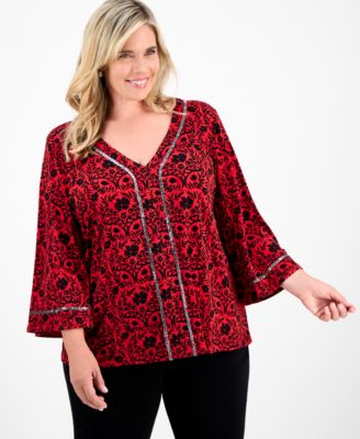 JM Collection - Plus Size Embellished V-Neck 3/4-Sleeve Top