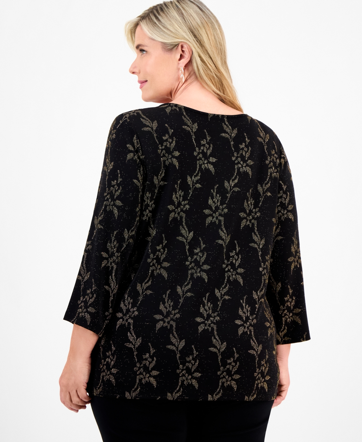 Jm Collection Plus Metallic Jacquard 3/4-Sleeve Top