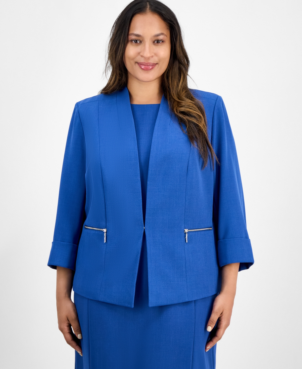 Kasper Plus Size Cuffed Kiss-front Blazer In Blue