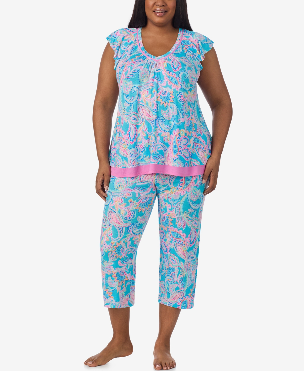 Plus Size Short Sleeve Cropped Pajama Set - Multi