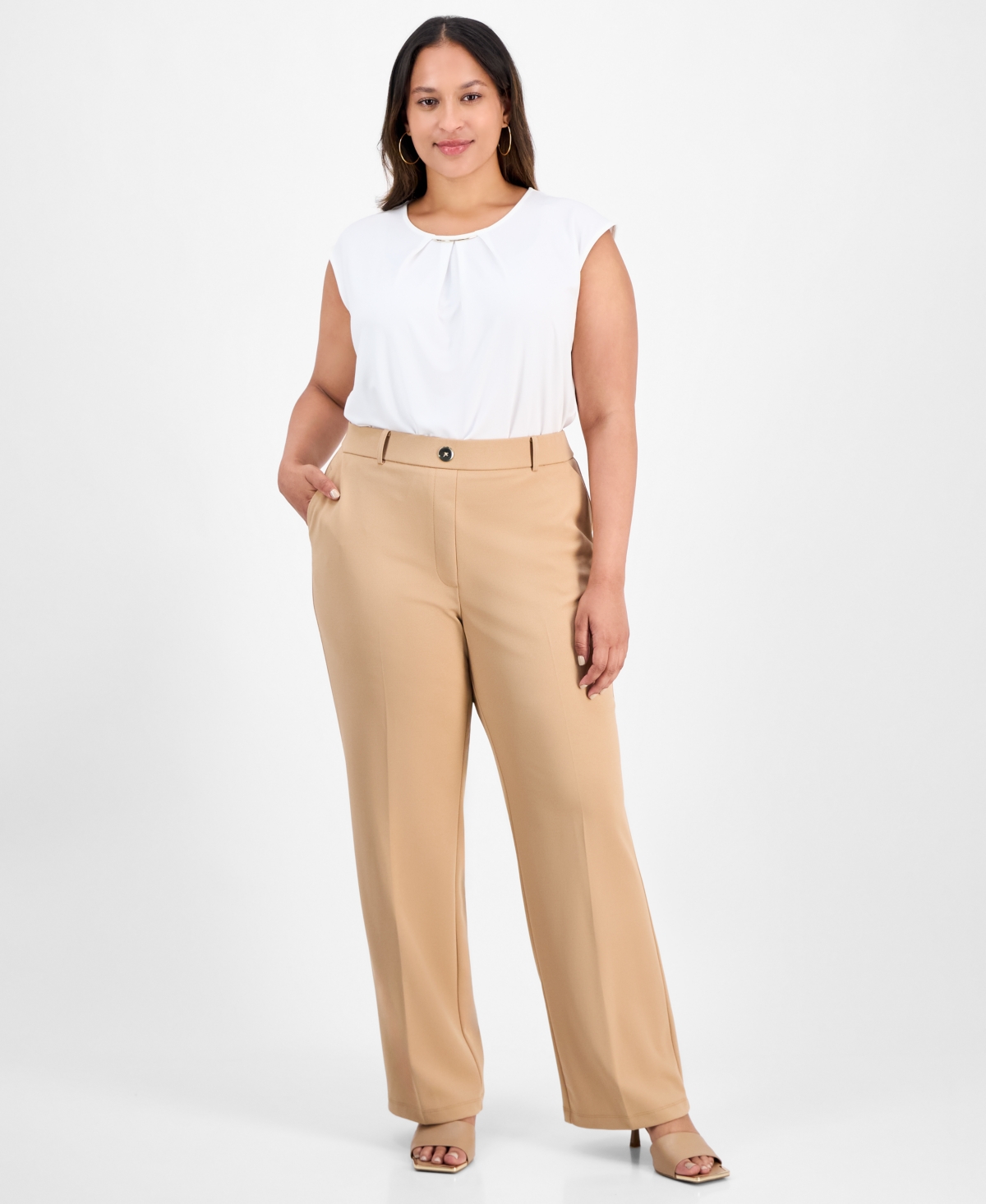 Kasper Plus Size Faux-fly Straight-leg Pants In Sand