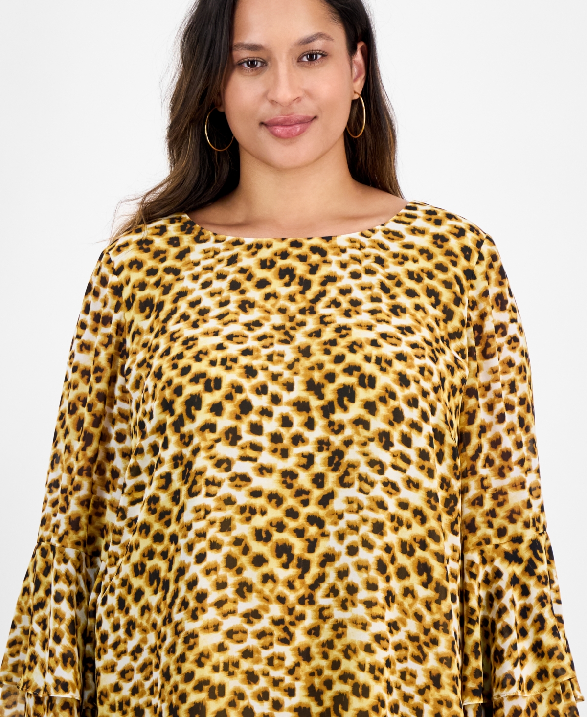 Kasper Plus Size Tiered Ruffle-sleeve Printed Blouse In Yellow