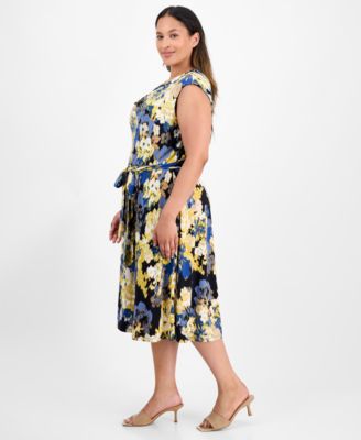 Plus Size Floral Print Cowlneck Dress