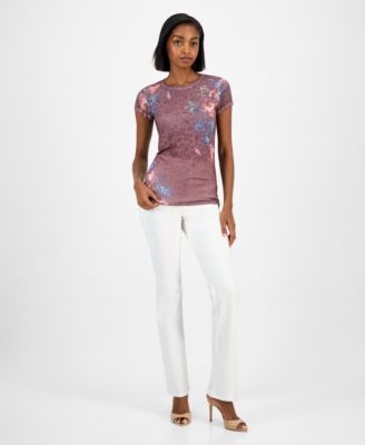 Women's Peony-Print Round-Neck Burnout T-Shirt 