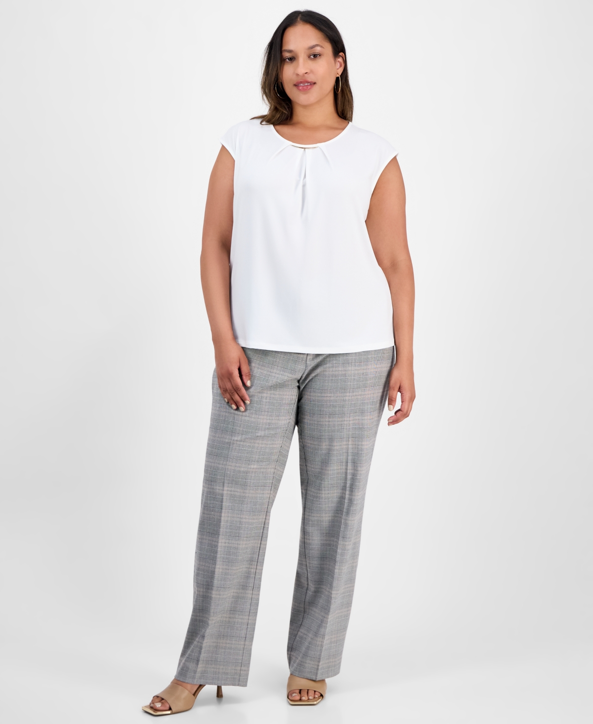 Kasper Plus Size Pleat-neck Cap-sleeve Blouse In White