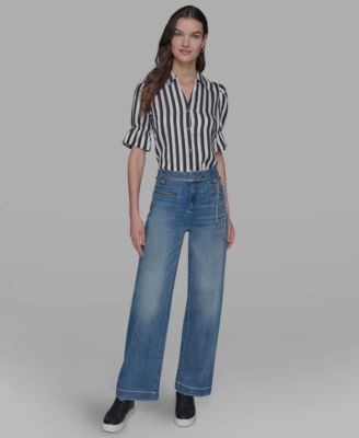 KARL LAGERFELD PARIS - Petite Chain Belt High Rise Wide Leg Jeans