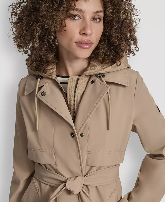 Women's Hooded Bibbed Belted Trench Coat - thumbnail 3