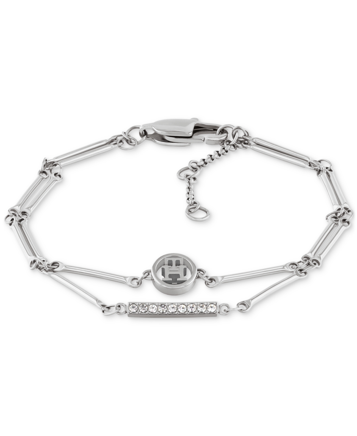 Logo & Pave Bar Double-Row Flex Bracelet - Silver