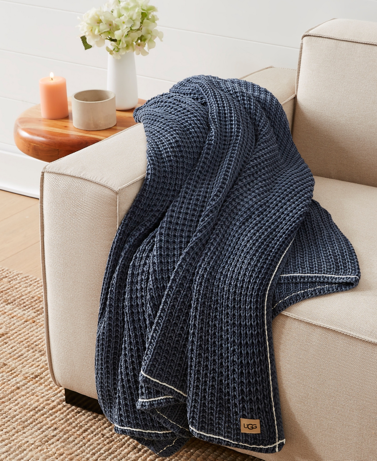 Ugg Luna Cotton Waffled Knit Throw Blanket, 50" X 70" In Blue