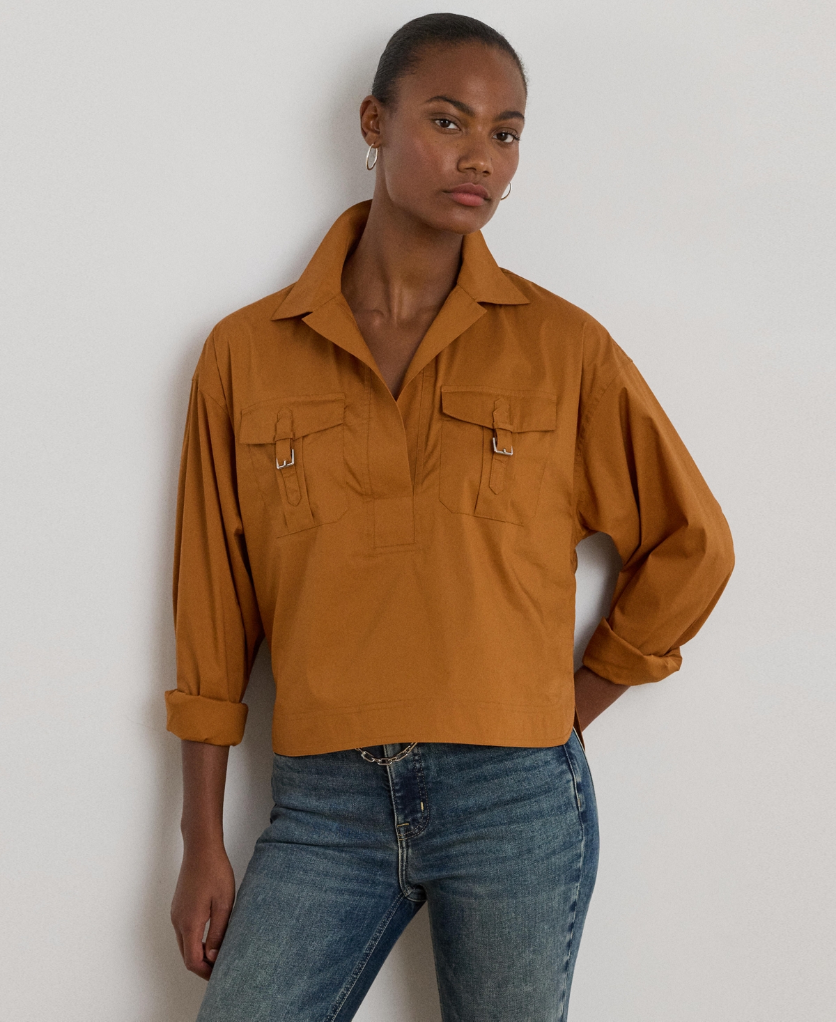 Ralph Lauren Women's Buckle-trim Cotton-blend Shirt In Multi