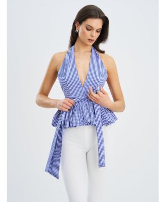 Women's Ilene Blue and White Checkered Bubble Hem Halter Top