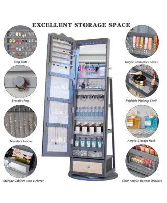 60&deg; Rotating Full-Length Mirror Jewelry Cabinet with Lights