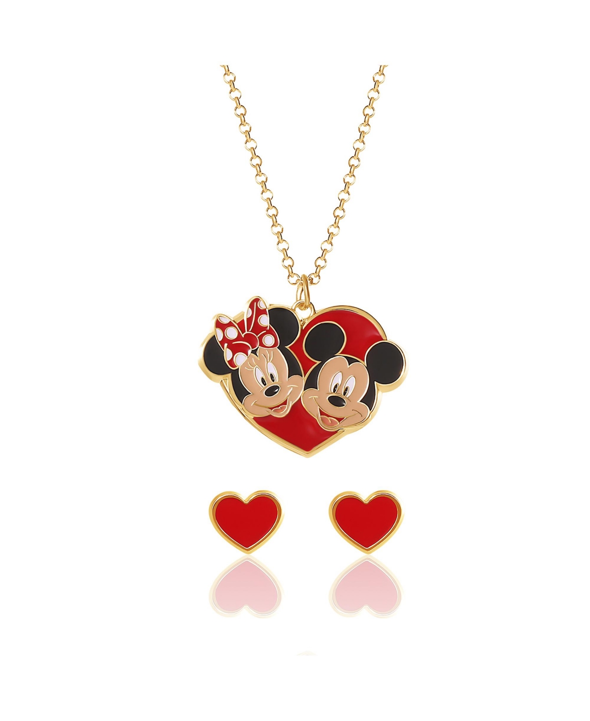 Mickey & Minnie Heart Necklace and Stud Earrings Set - Red/gold