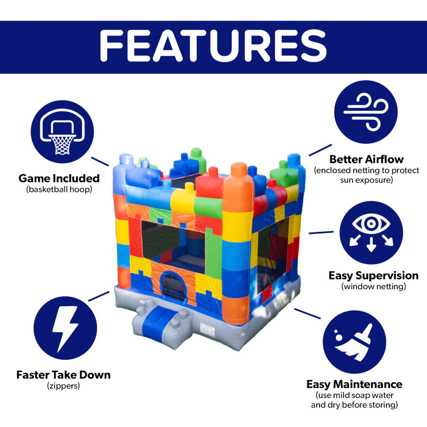 Детская игрушка HERO Kiddo Block Party Bounce House Commercial Grade for Kids and Adults (with Blower), Basketball Hoop, Outdoor Indoor, Rental Quality, Rental Grade — фото 7