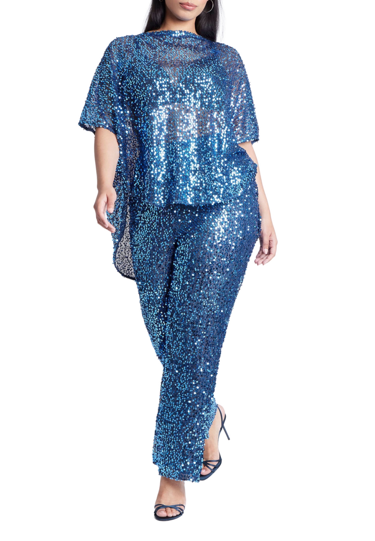 Women's Sequin Open Mesh Straight Leg Pant - Blue steel