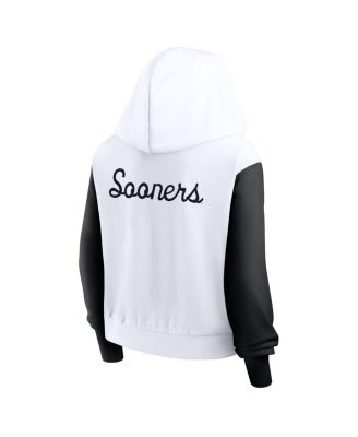 Women's White Oklahoma Sooners Cropped Athletic Prep Color Block Script Full-Zip Hoodie