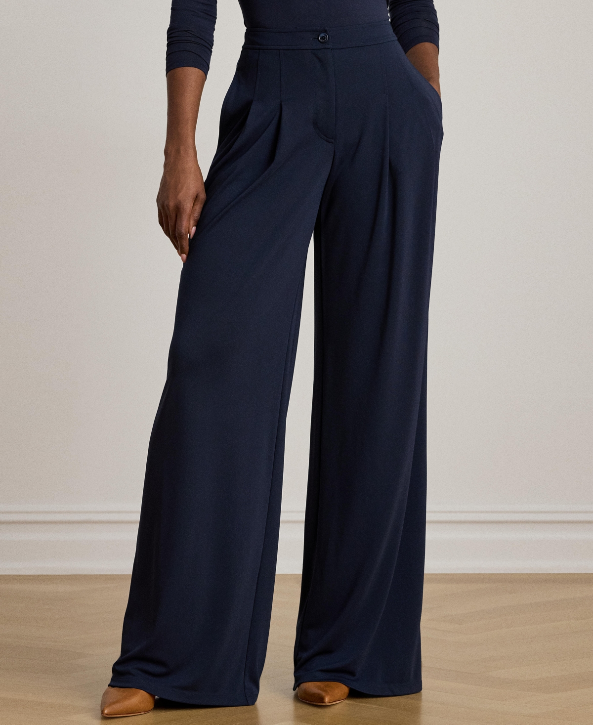 Ralph Lauren Women's Pleated Stretch Jersey Wide-leg Pants In Blue