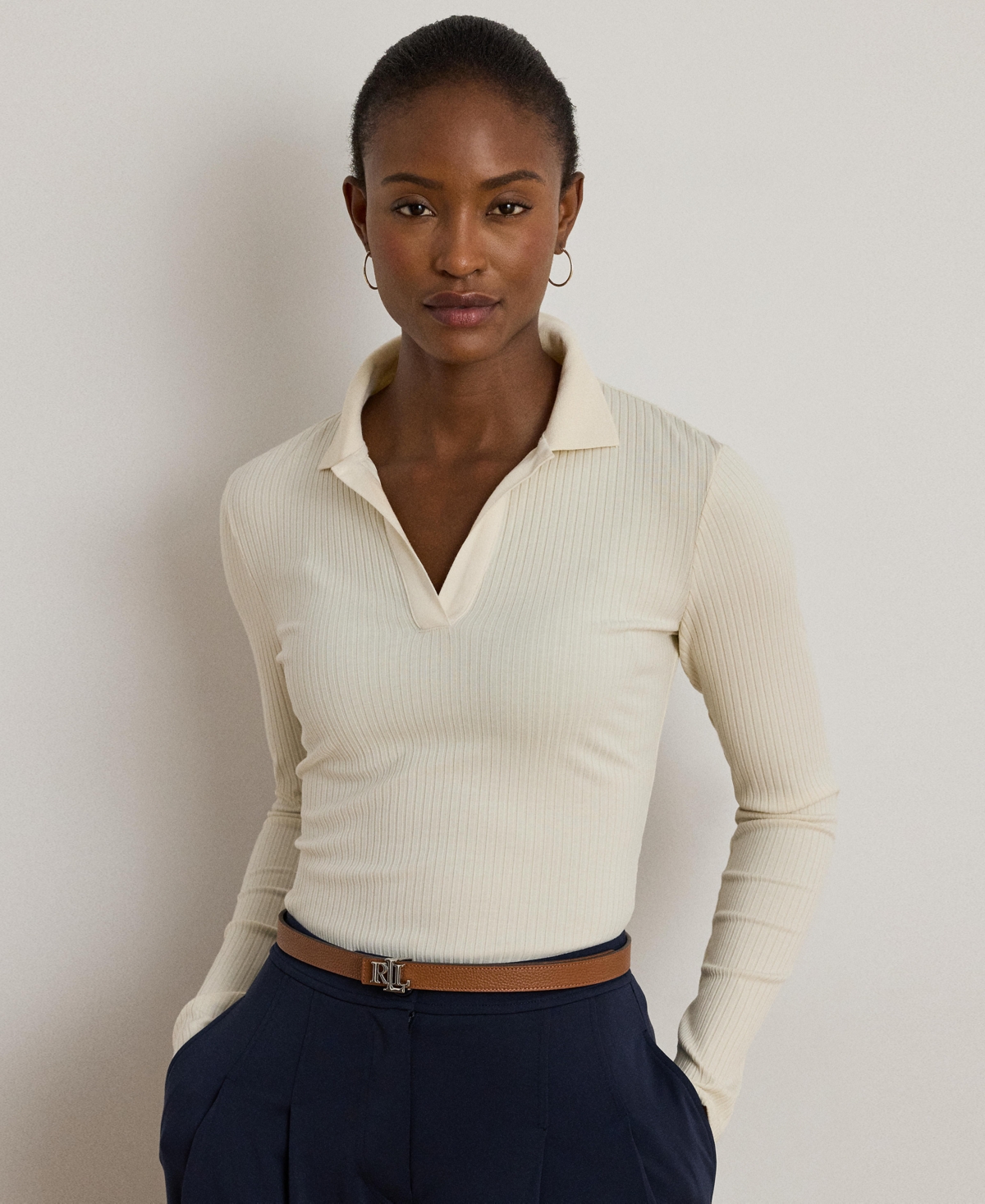 Ralph Lauren Rib-knit Long-sleeve Polo Top In White