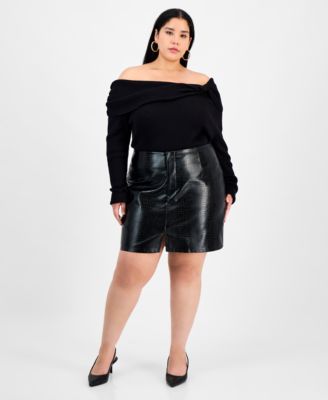 Bar III - Trendy Plus Size Crocodile Embossed Faux Leather Mini Skirt