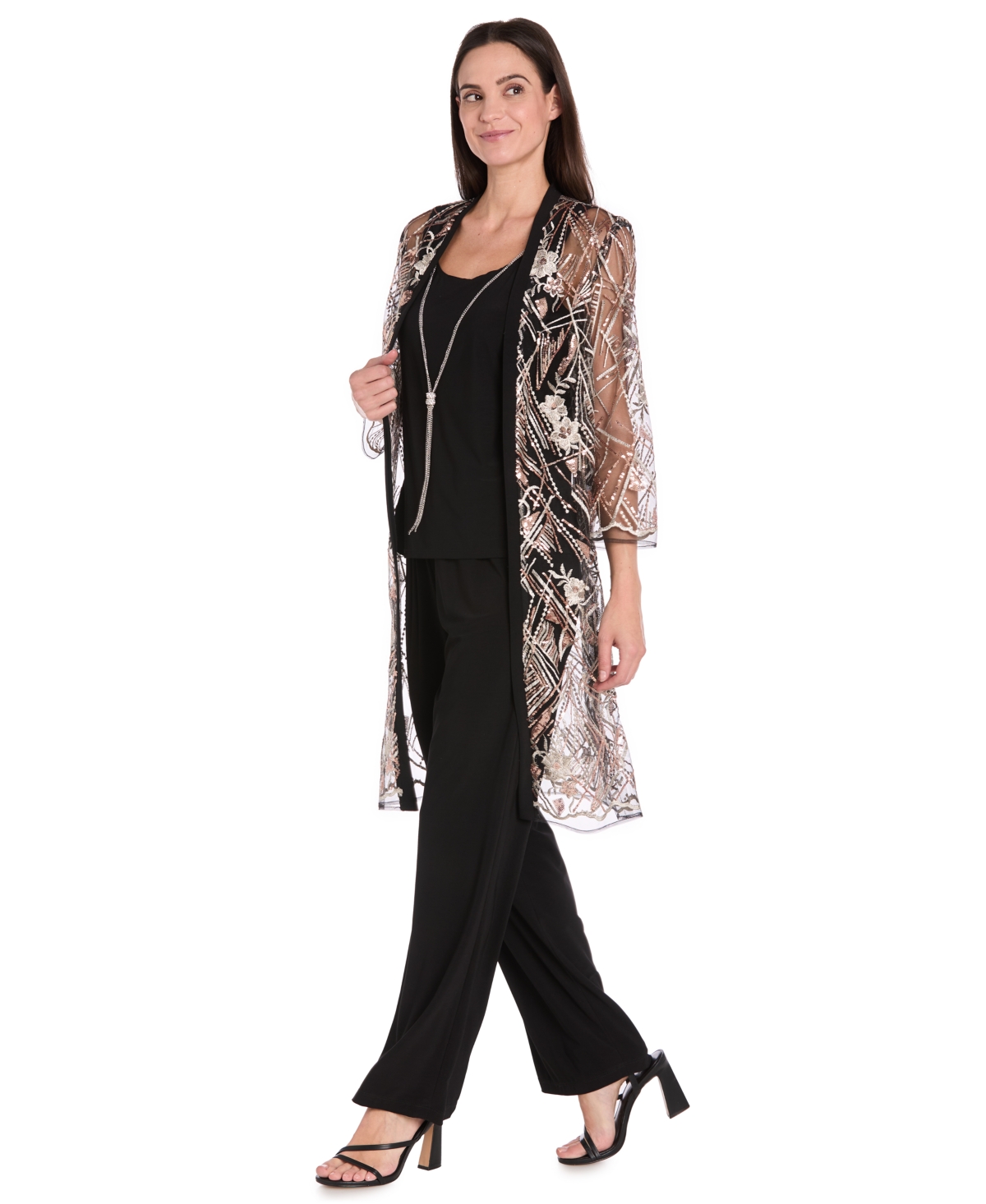 R & M Richards Women's Embellished Sheer Long Jacket, Sleeveless Top And Pants Set In Multi