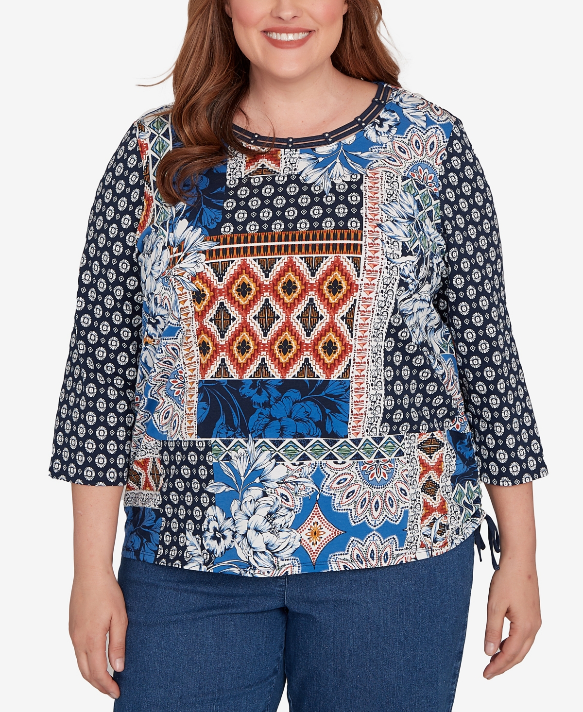 Alfred Dunner Plus Size Batik Patchwork Drawstring Closure Top In Blue