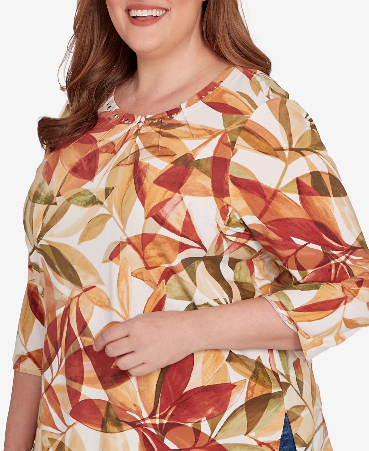 Alfred Dunner Plus Size Leaf Pleated Crew Neck Top In Multi