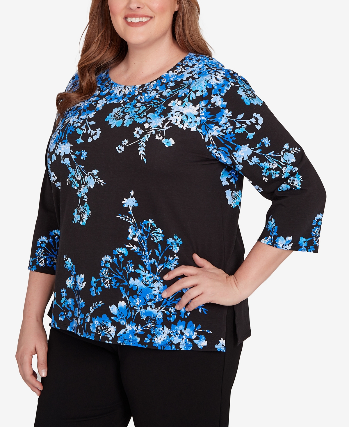 Alfred Dunner Plus Size Floral Asymmetric Three Quarter Sleeve Top In Multi