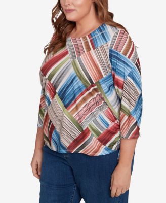 Plus Size Classic Stripe Patchwork Ruched Sides Top