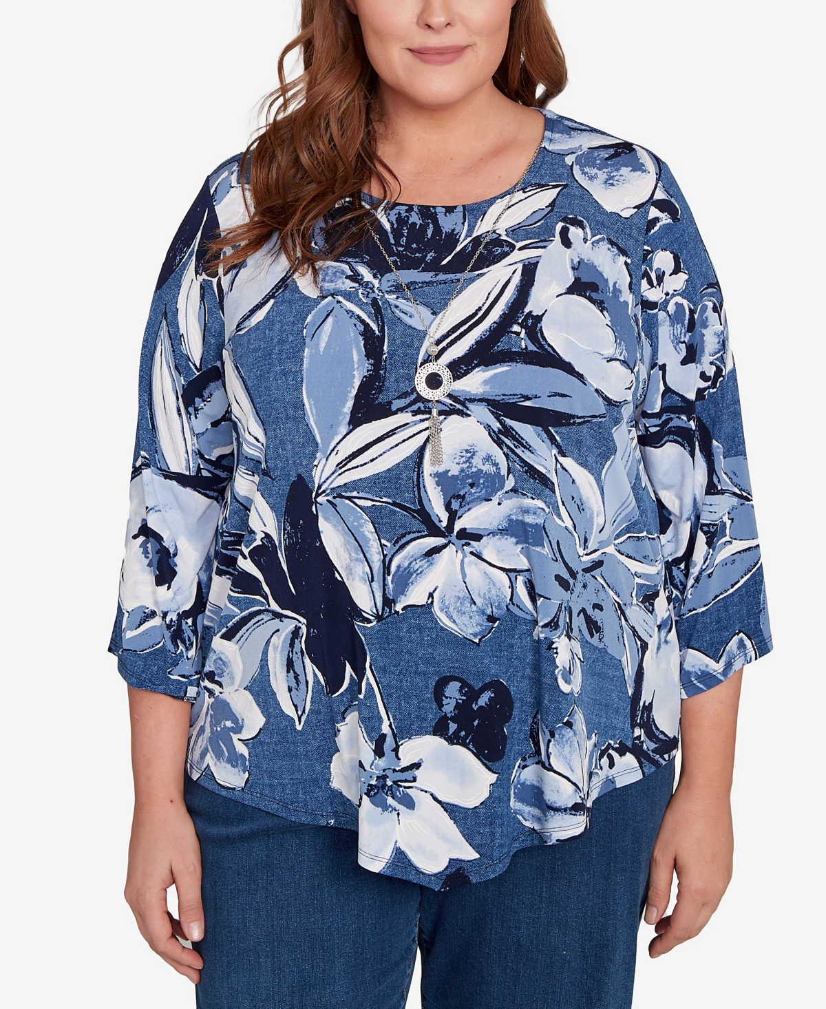 Alfred Dunner Plus Size Classic Puff Print Denim Floral Top In Blue