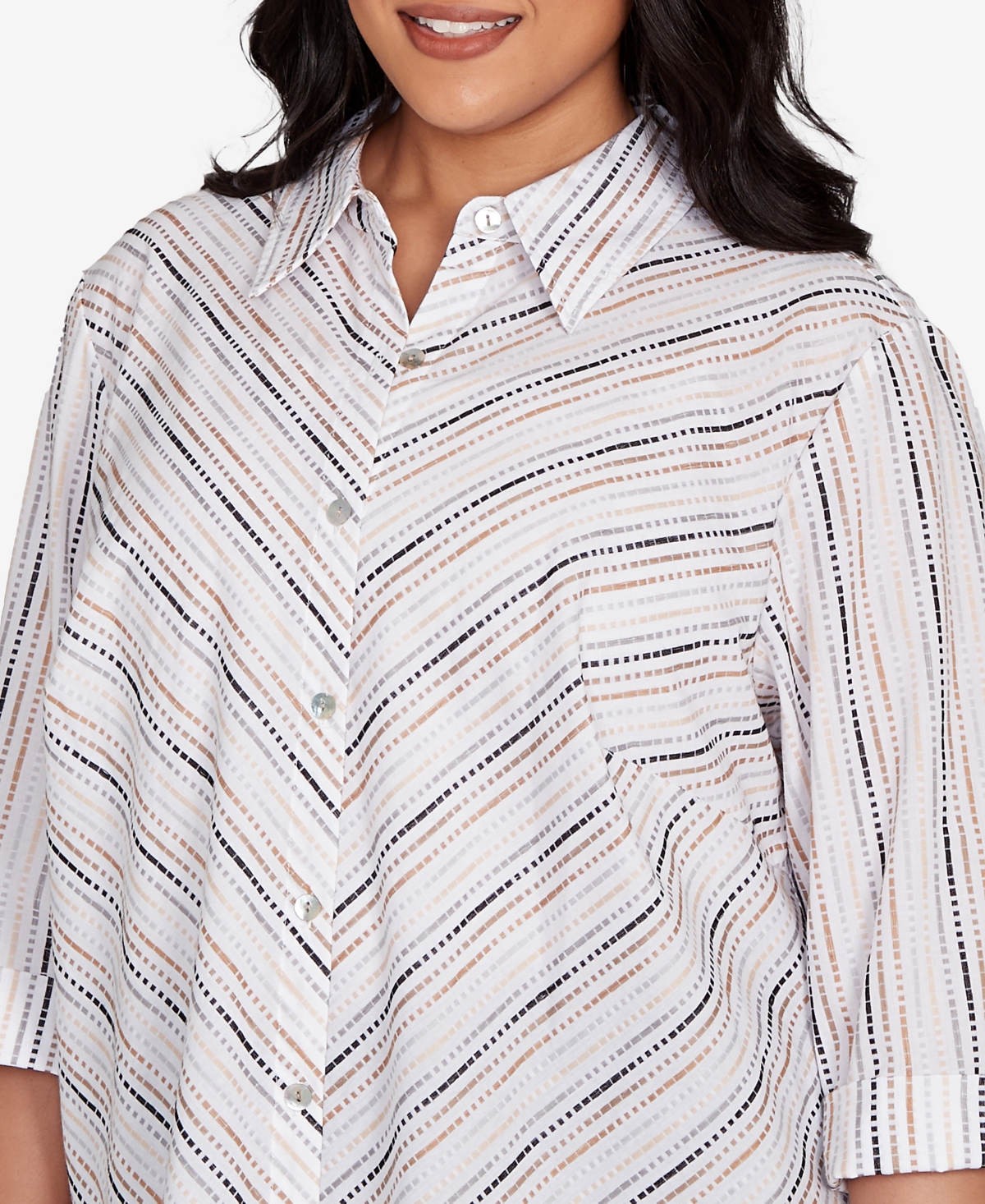 Alfred Dunner Plus Size Classic Mitered Textured Stripe Button Front Top