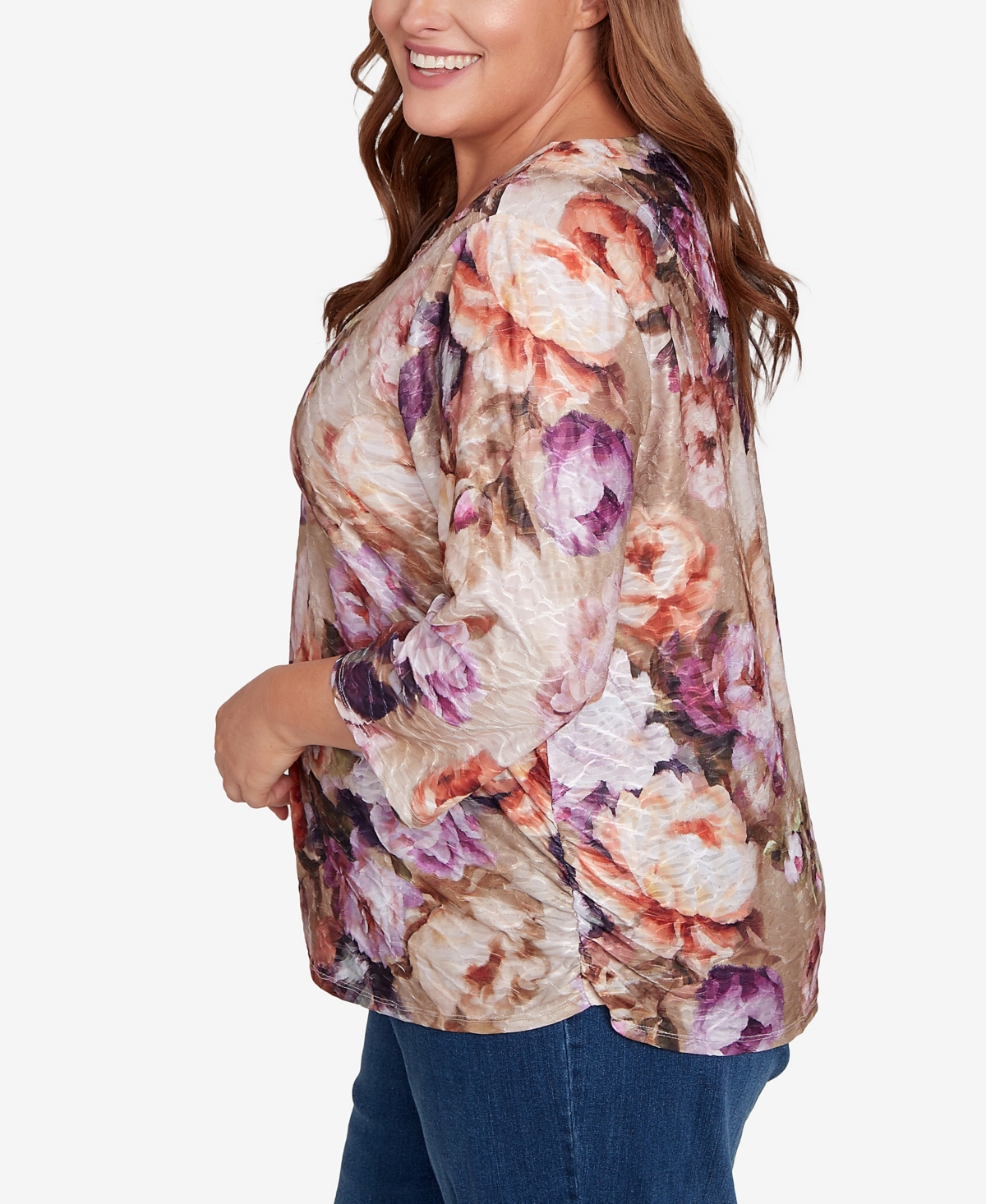 Alfred Dunner Plus Size Classic Textured Floral Ruched Sides Crew Neck Top In Multi